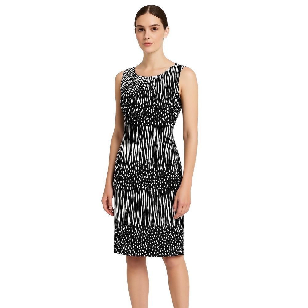 Calvin Klein Black White Linen Abstract Print Sleeveless Sheath Dress Womens M